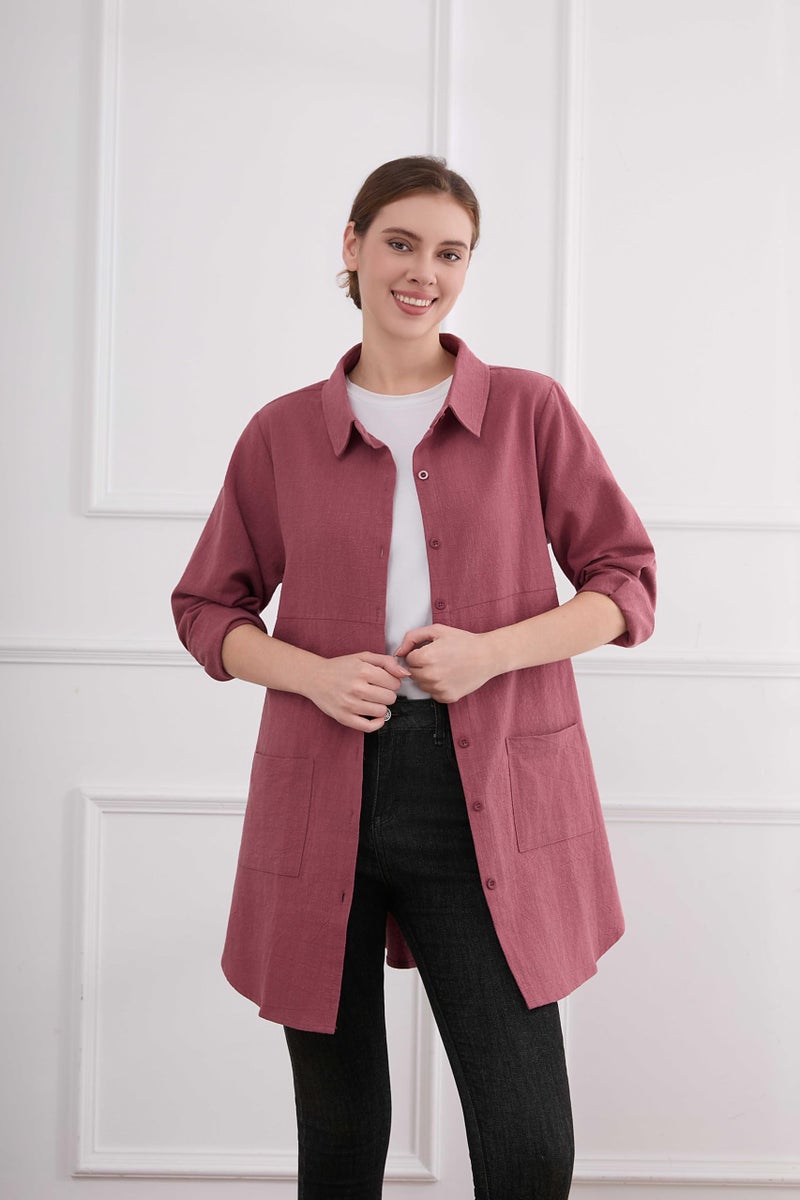 Minibee قمصان نسائية من الكتان من ميني بي بأزرار طويلة بلوزة بحجم زائد مع جيوب حمراء M - Image 1